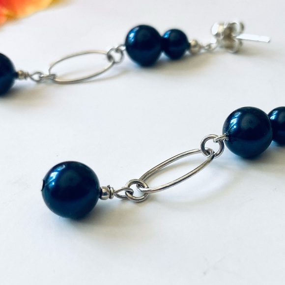 Artisian Earrings - Navy Swarovski Pearls & Sterling Silver -Post Closure 2 Inch - Picture 8 of 9
